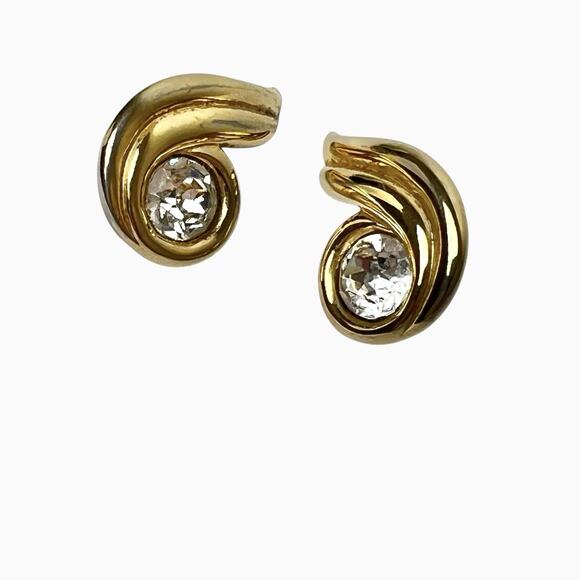 Napier Rhinestone Stud Earrings Faceted Clear Sparkly Gold Tone Shiny Swirl Post - Picture 1 of 8